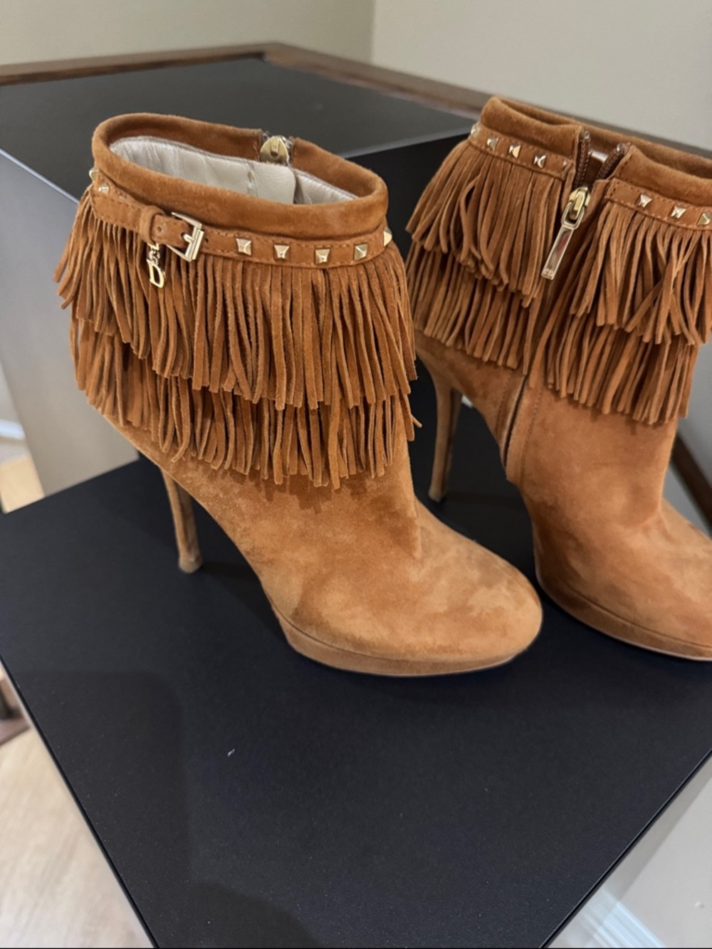 Dior Tan Suede Fringe Ankle Booties with Gold Studs